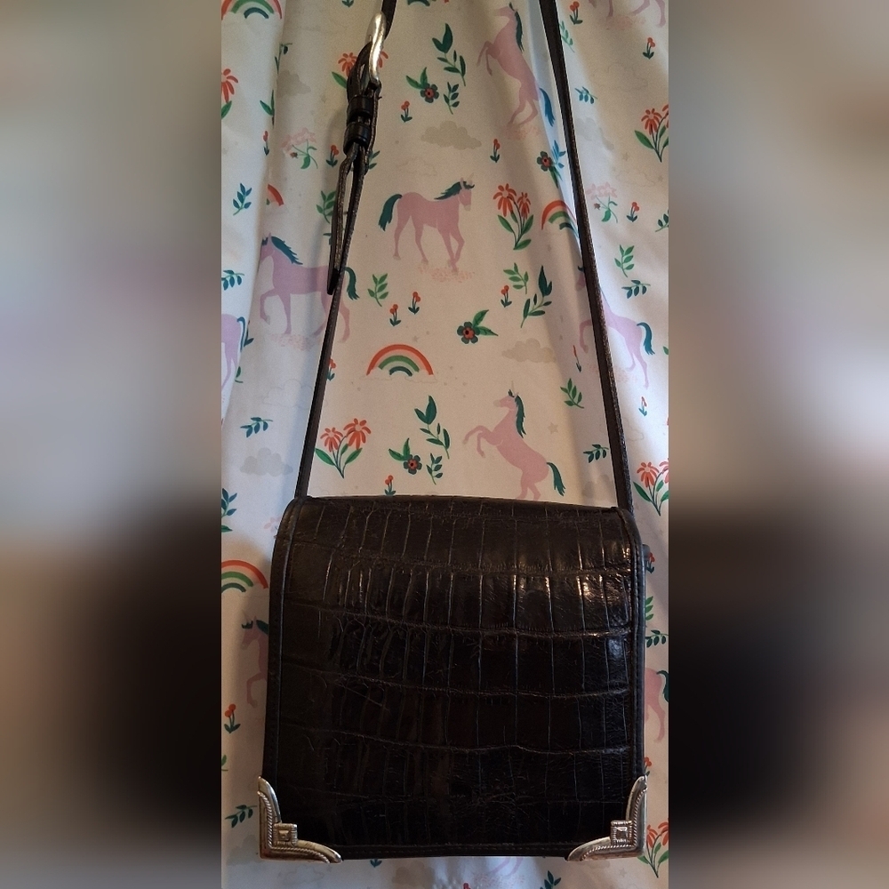 EUC Vintage 90s Brighton Black Patent Croc Moto Western Casual Flap Purse Bag